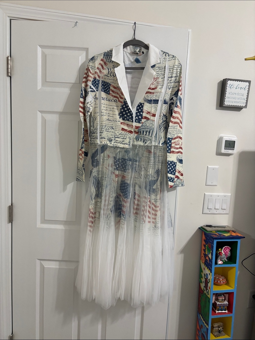Patriotic Print Tulle Hem Shirt Dress - White/Blue/Red